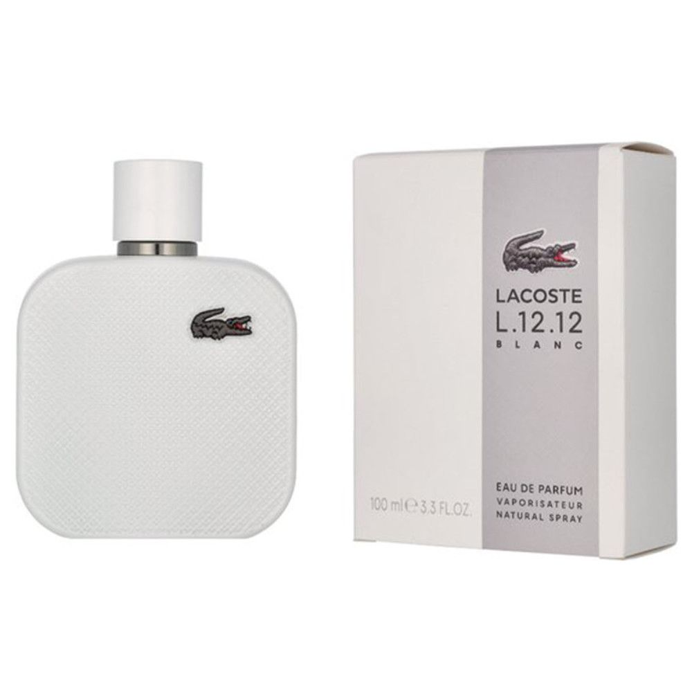 Weißer Flakon und Verpackung. Flakon mit Krokodil-Logo. Verpackung mit Logo und Produktbezeichnung.