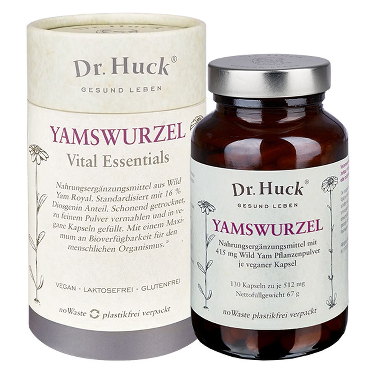 Bruine glazen fles en kartonnen doos met tekst. Capsules. Veganistisch, lactosevrij, glutenvrij.