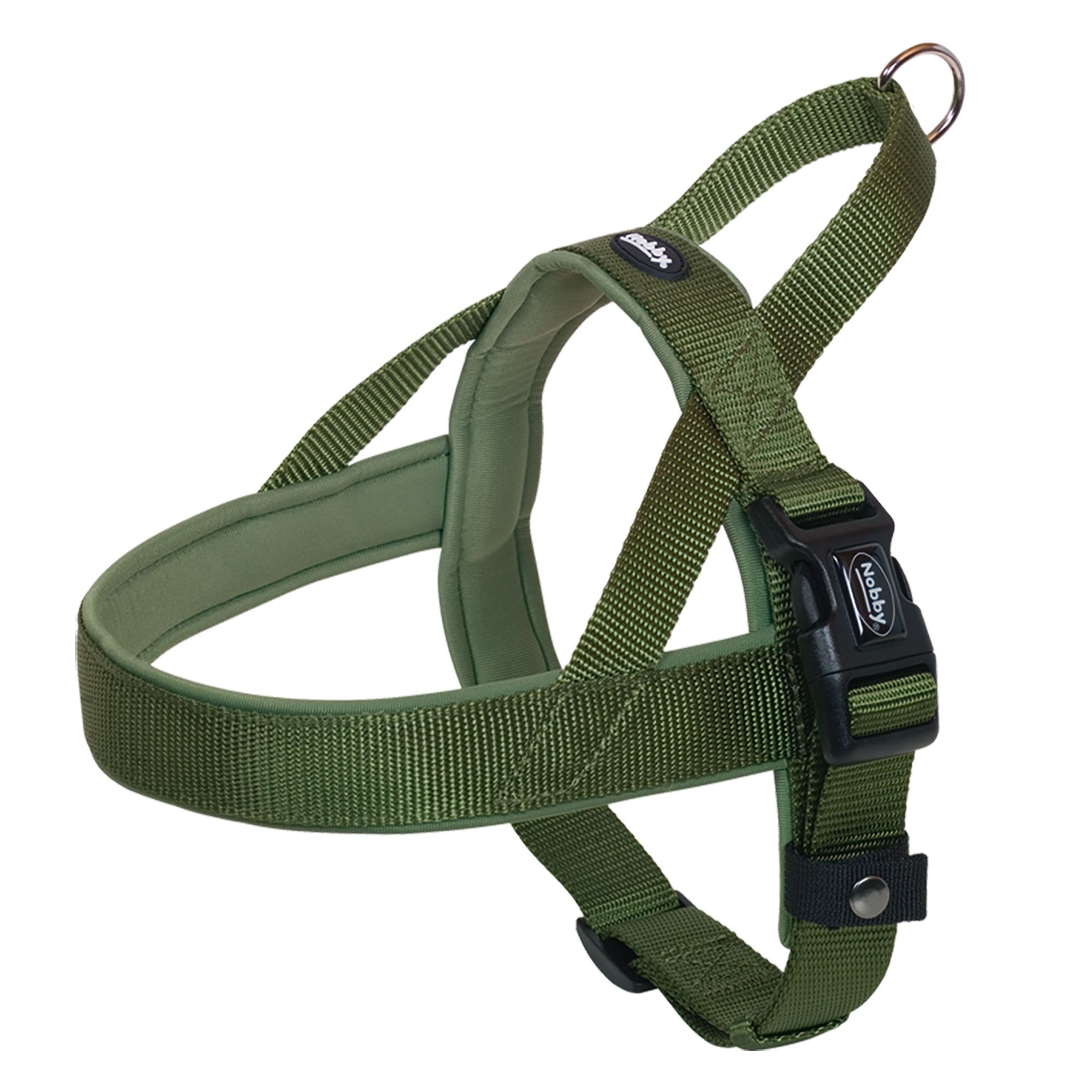 Grünes Hundegeschirr mit schwarzem Verschluss. Gepolstert, mit Metallring. Marke: Nobby.