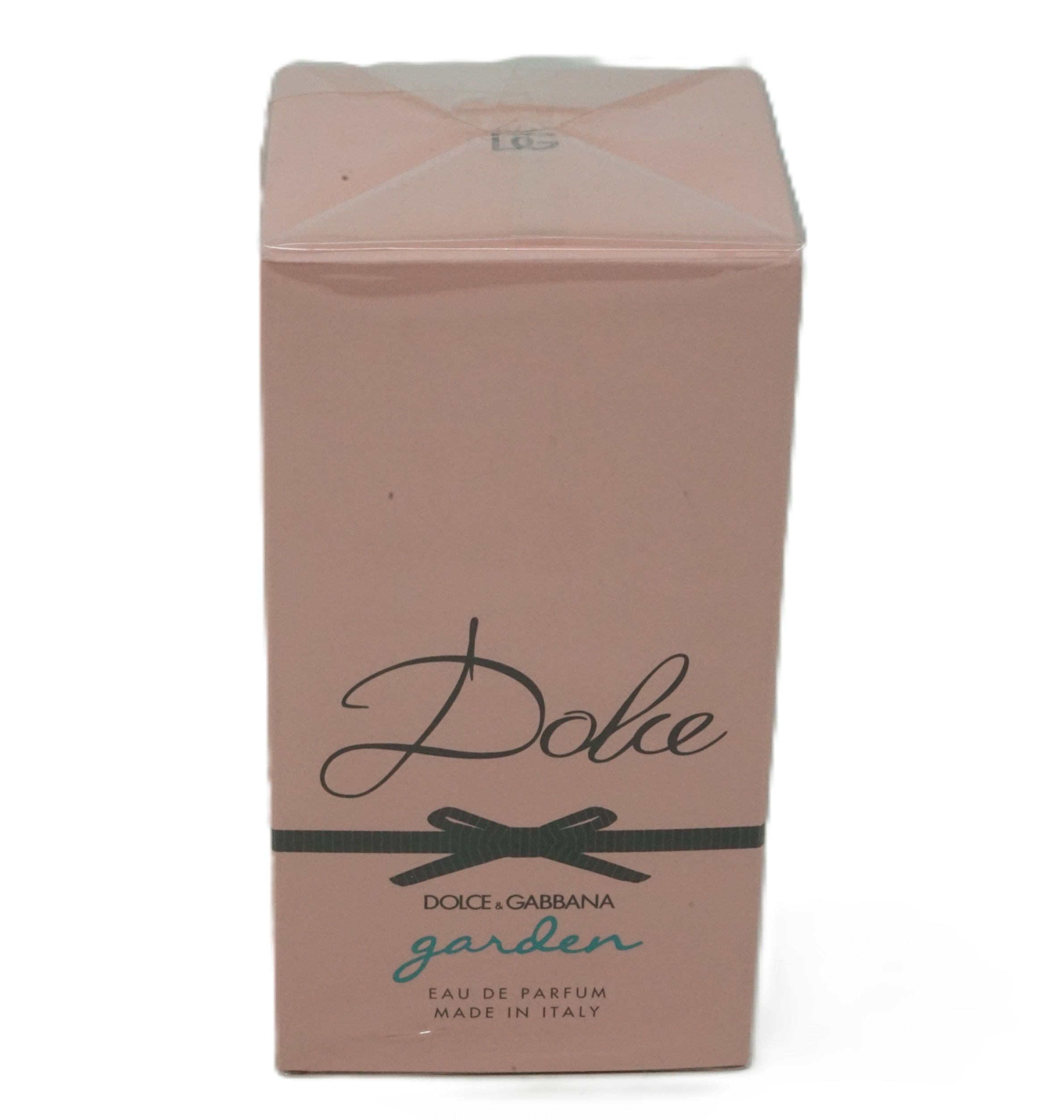 Rosa Kartonverpackung. Aufschrift: Dolce, Dolce & Gabbana, Garden, Eau de Parfum, Made in Italy. Schwarze Schleife.