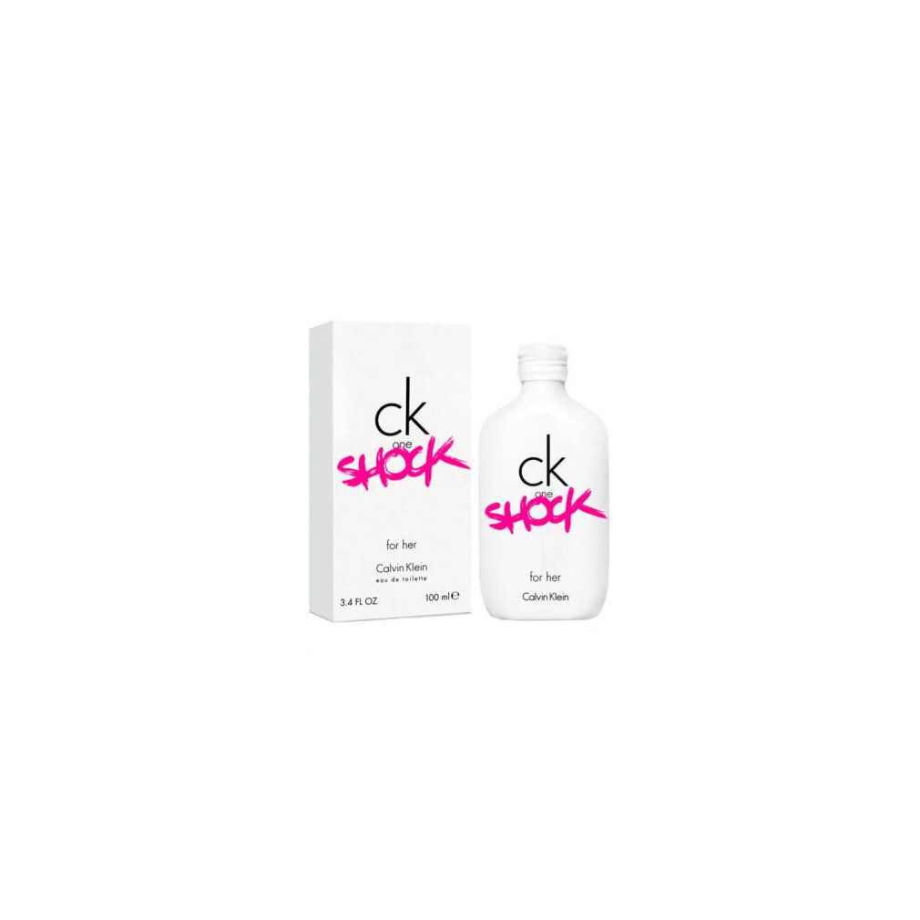 Weiße Flasche und Verpackung mit schwarzem „ck one Shock“ und pinkem „Shock“. „for her“, „eau de toilette“ und „Calvin Klein“.