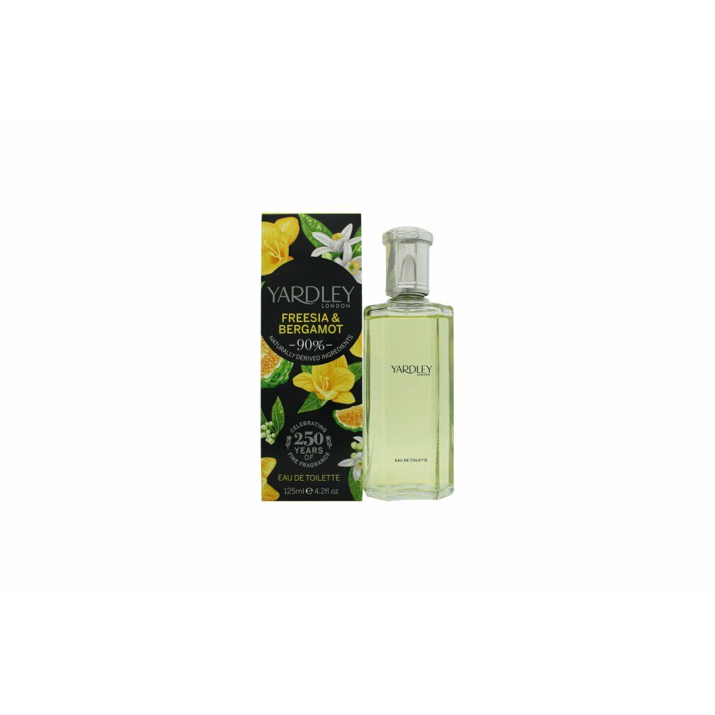 Yardley Freesia & Bergamot Eau de Toilette Spray. Flakon und Verpackung. Schwarze Verpackung mit Blumenmuster und Text. 125 Jahre.