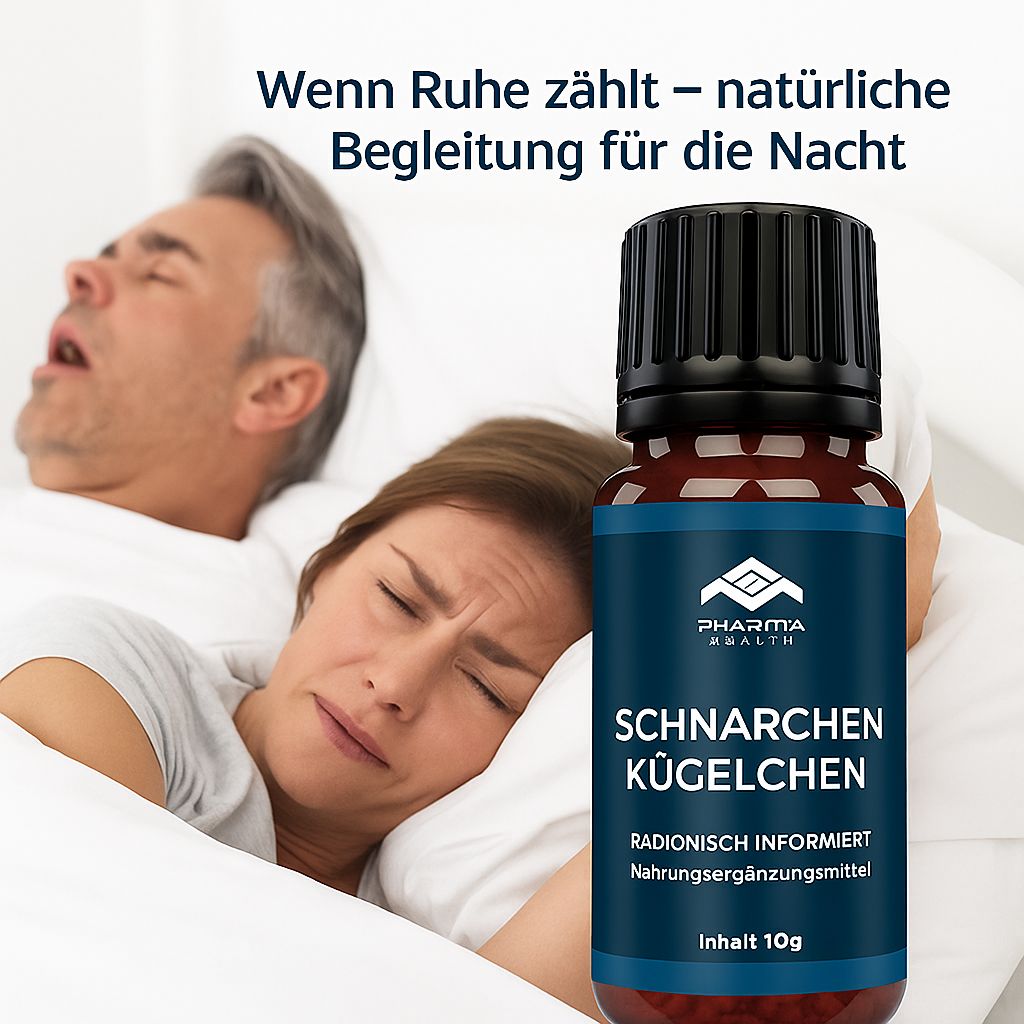 Braune Glasflasche mit schwarzem Deckel. Blaues Etikett mit weißer Schrift: Pharma Health, Schnarchen Kügelchen. Paar im Bett, Text: Wenn Ruhe zählt.
