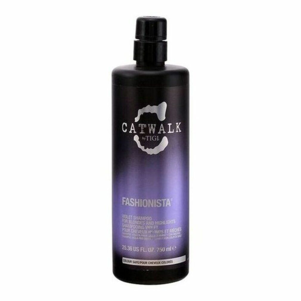 Schwarze Flasche mit Aufschrift CATWALK TIGI FASHIONISTA. Lila Farbverlauf. Text: VIOLET SHAMPOO. Schwarzer Deckel.