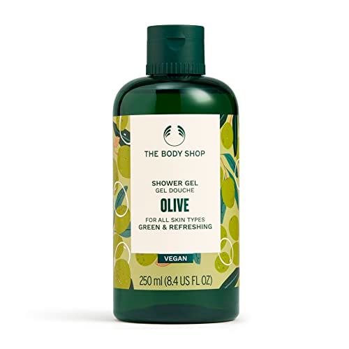 Grüne Duschgel-Flasche mit Oliven-Design. Aufschrift: The Body Shop, Olive, vegan. 250 ml.