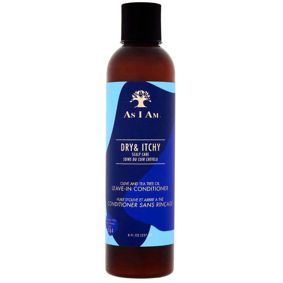 As I Am Dry & Itchy Leave-In Conditioner Flasche mit schwarzem Deckel und blauem Etikett.