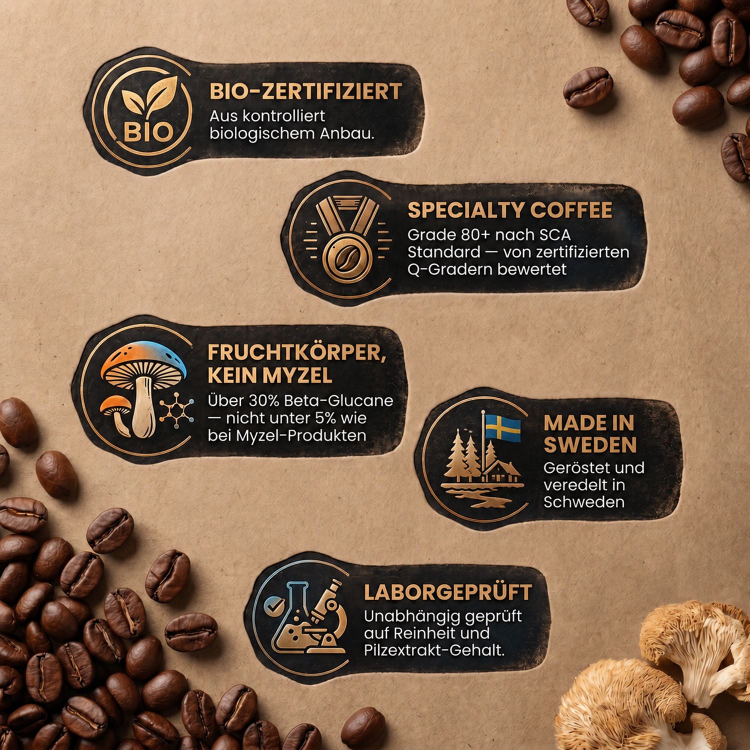 Sieben Siegel mit Qualitätsmerkmalen: Bio-zertifiziert, Specialty Coffee, Fruchtkörper statt Myzel, Made in Sweden, Laborgeprüft.