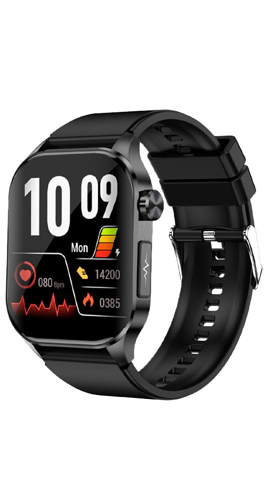 Schwarze Smartwatch mit digitalem Display. Zeigt Uhrzeit, Herzfrequenz, Schritte und Akkustand an. Schwarzes Armband mit silberner Schnalle.