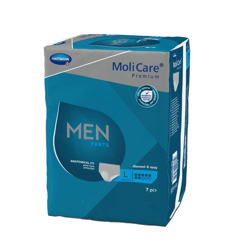 Verpackung von MoliCare Premium MEN PANTS. Blau-weißes Design mit Produktbezeichnung, Größe L und 7 Stück. Anatomische Passform.