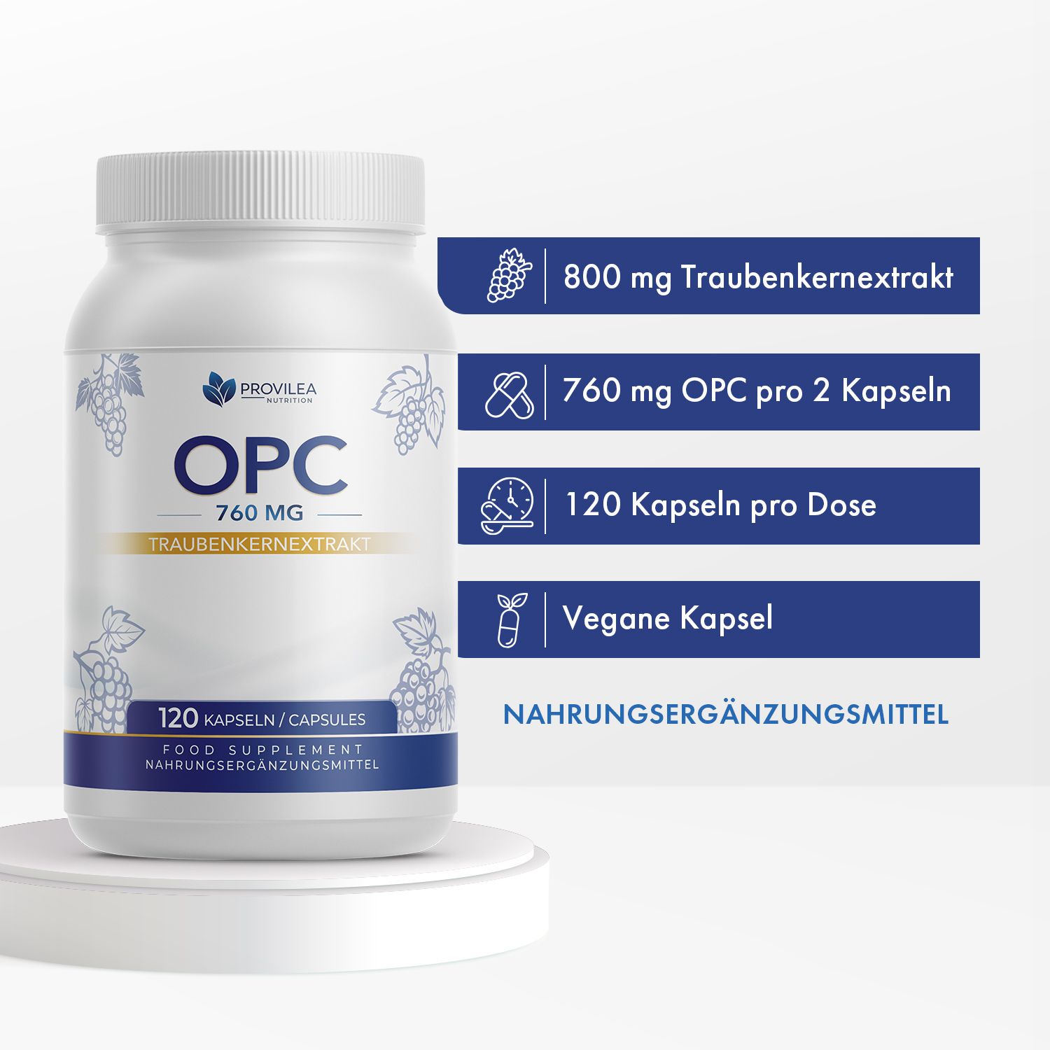 Flasche mit 120 OPC Traubenkernextrakt Kapseln. Enthält 760 mg OPC pro 2 Kapseln. Vegane Kapseln.