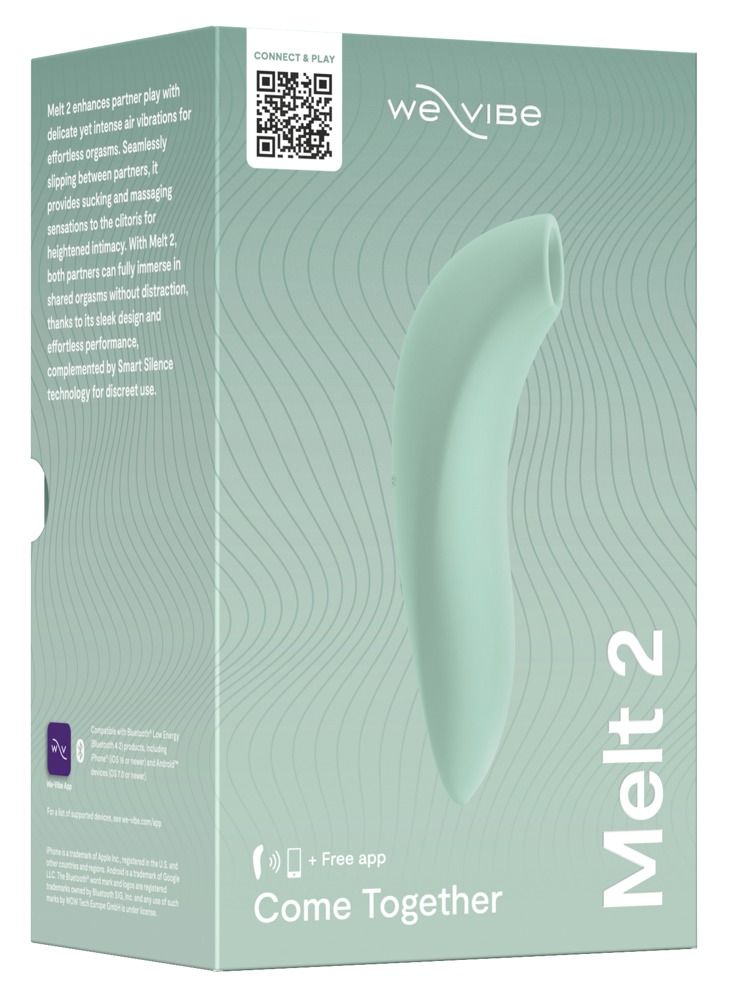 Verpackung von 'Melt 2' in Hellgrün. Produktabbildung. Text: 'We-Vibe', 'Come Together'. QR-Code und App-Hinweis.