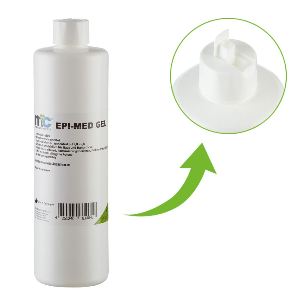 Weiße Flasche mit Epi-Med Gel und Nahaufnahme des Spenderverschlusses.