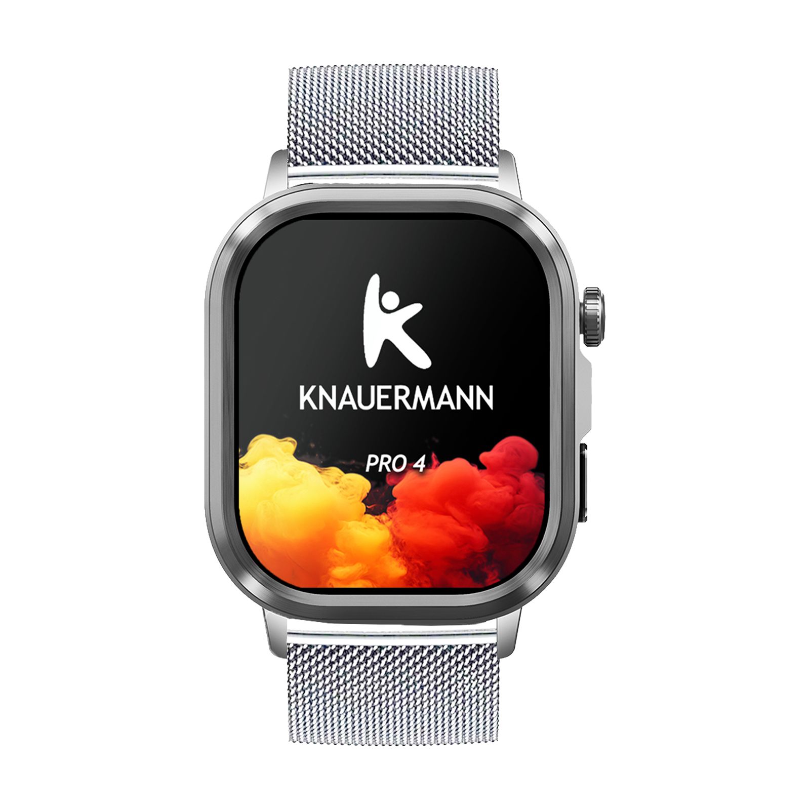 Smartwatch mit silbernem Gehäuse und Mesh-Armband. Display mit Logo und Schriftzug KNAUERMANN PRO 4.