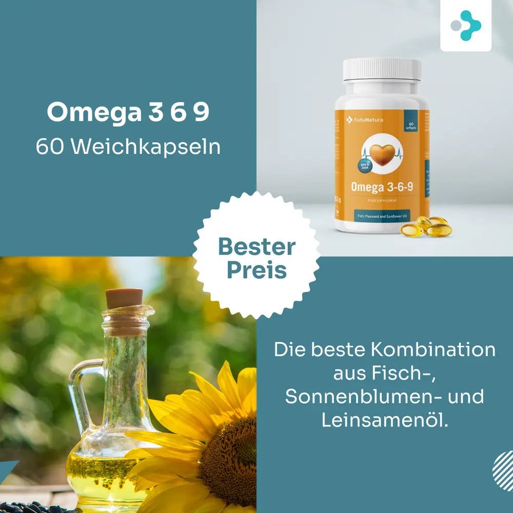 Flasche FutuNatura Omega 3-6-9, 60 Weichkapseln. Flasche mit Sonnenblumenöl und Herz.