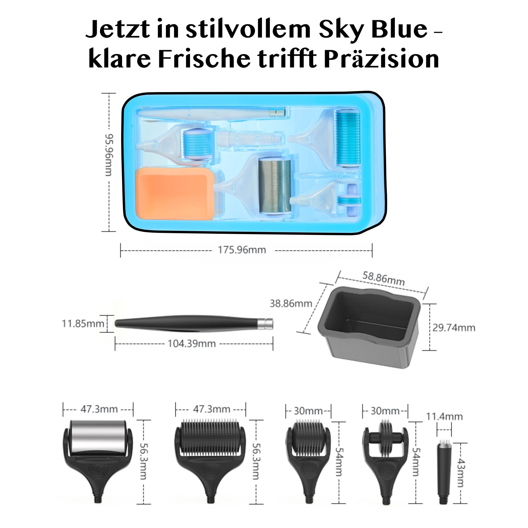 Nahaufnahme des Derma-Roller-Griffs mit Metallverbindung. Text beschreibt die Metallverbindung für Stabilität und Haltbarkeit.