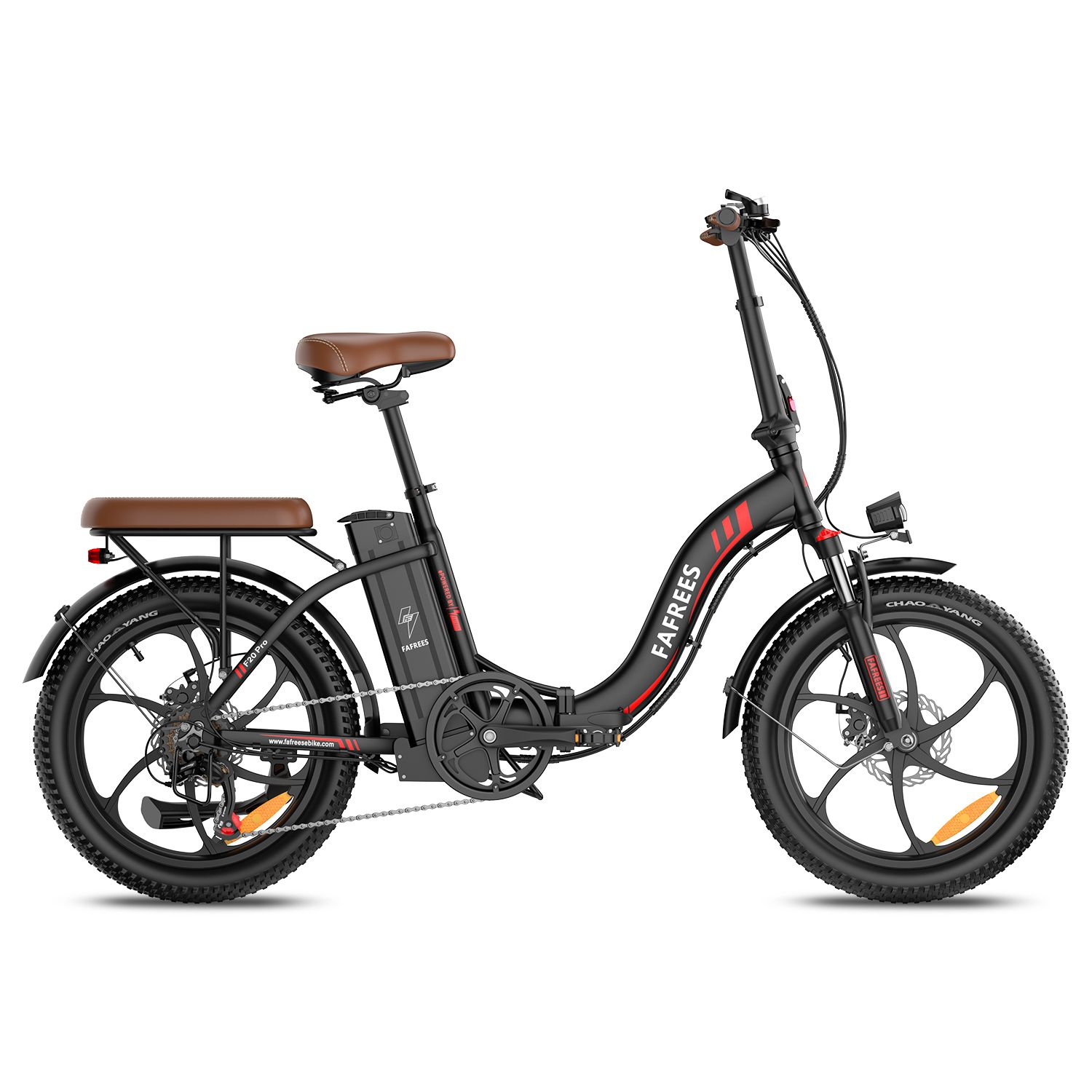 Schwarzes FAFREES F20 Pro Elektrofahrrad. Brauner Sattel, breite Reifen, roter Akzent. Seitenansicht.