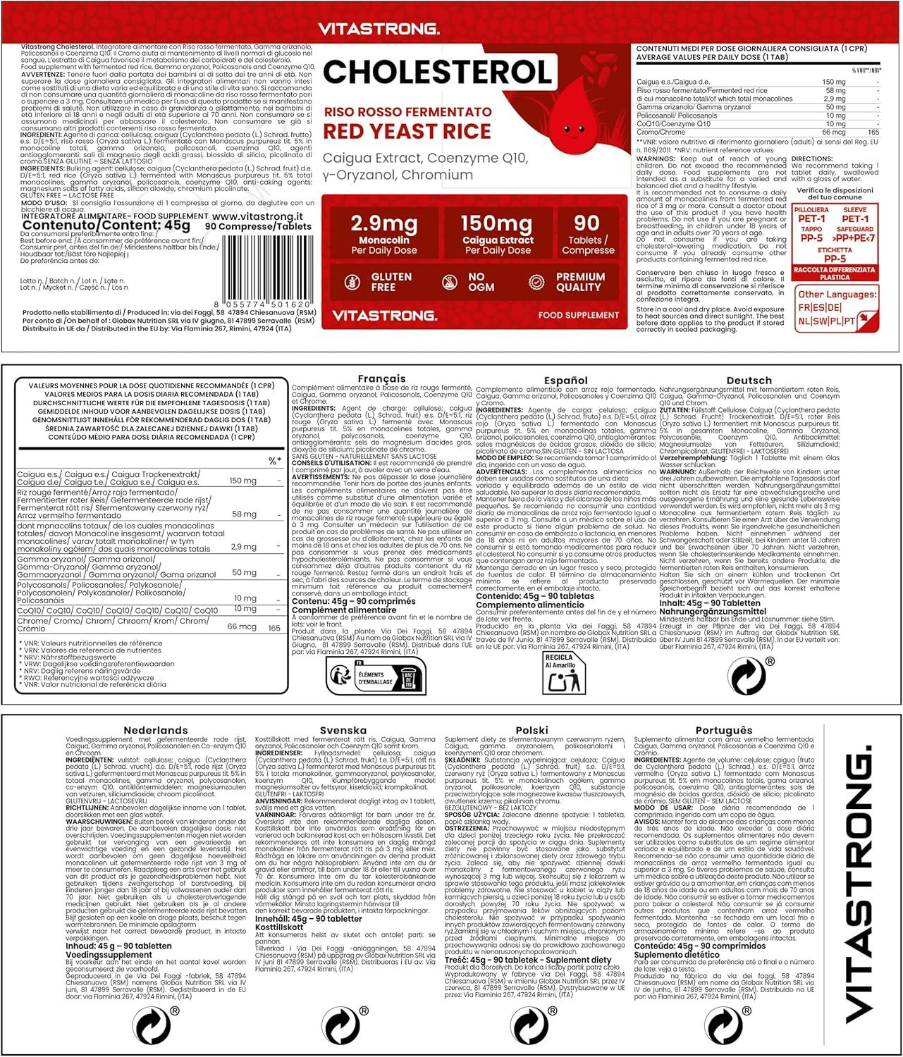 Produktverpackung mit Text in mehreren Sprachen. Text: Cholesterin, Roter Reis, 90 Tabletten, Vitastrong.