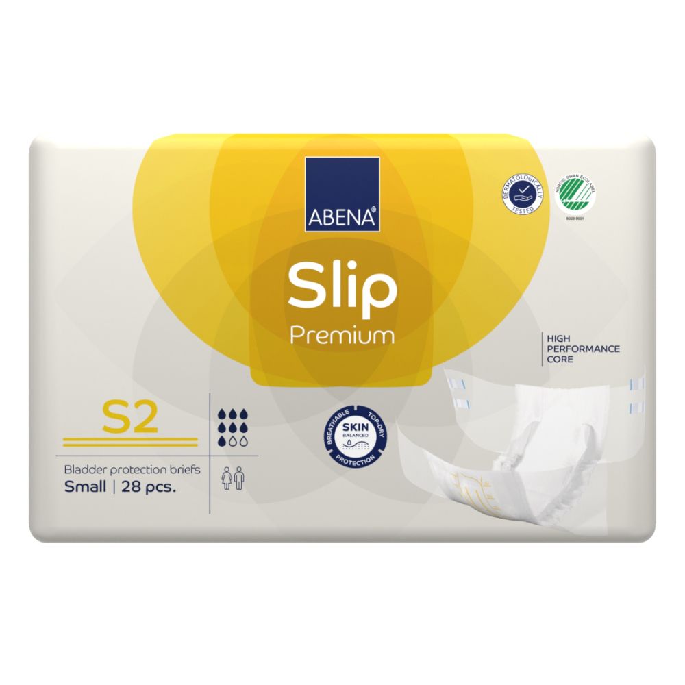 Verpackung Abena Slip Premium, S2, 28 Stück. Gelber Kreis mit Logo. Hautschutz-Zertifizierung. Blasen-Schutz-Slips.