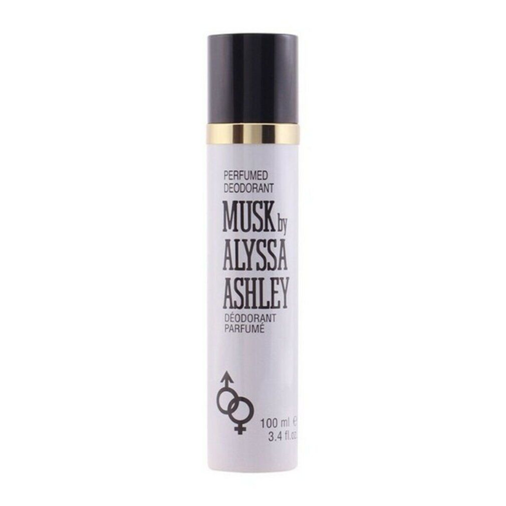 Weißes Deodorant-Spray mit schwarzem Deckel. Aufschrift: Musk by Alyssa Ashley, Deodorant Parfum. Mit Symbolen für Mann und Frau.