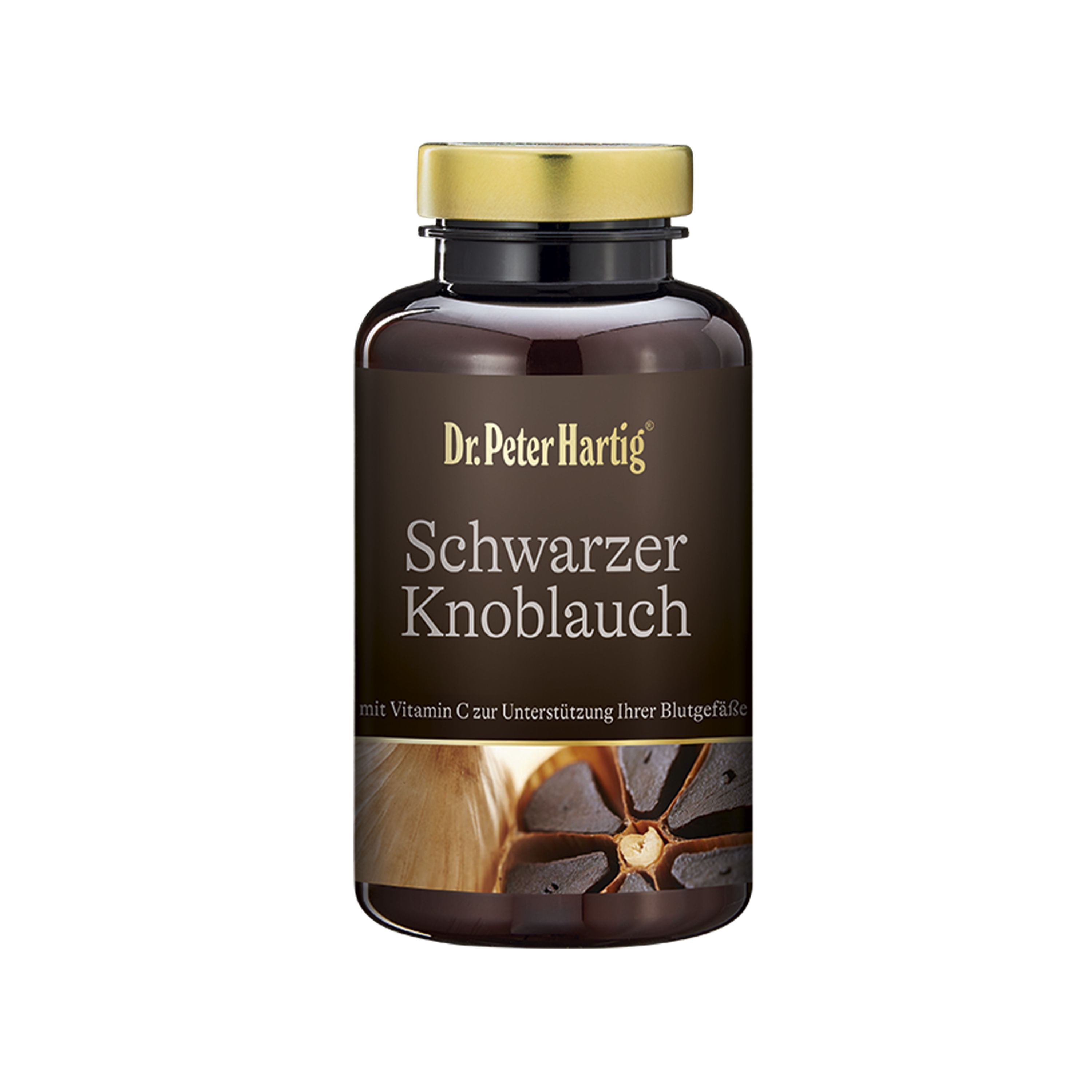 Braune Flasche mit goldfarbenem Deckel. Aufschrift: Dr. Peter Hartig Schwarzer Knoblauch. Abbildung von Knoblauch.