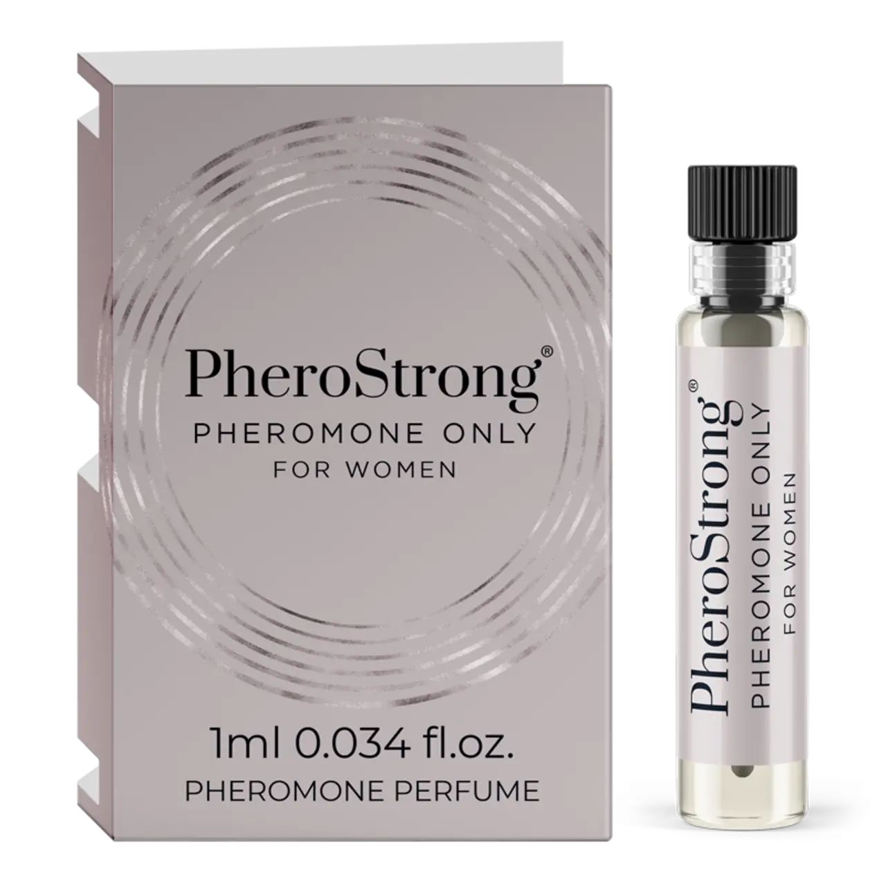 Karton und Flakon. Aufschrift: PheroStrong, Pheromone Only For Women. Volumen: 1ml. Parfüm.