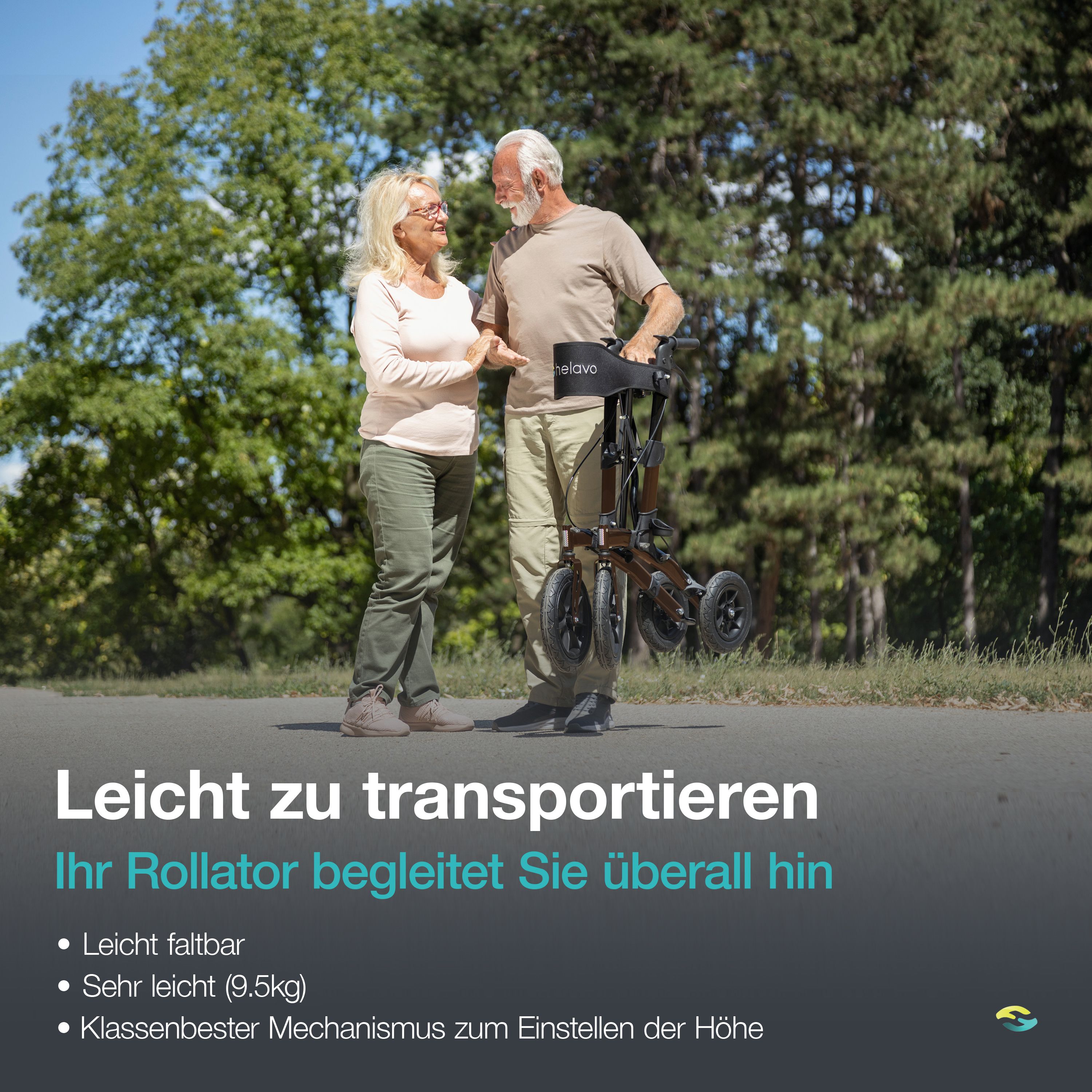 Helavo Outdoor Rollator mit pannensicheren Vollgummireifen faltbar mit Sitz