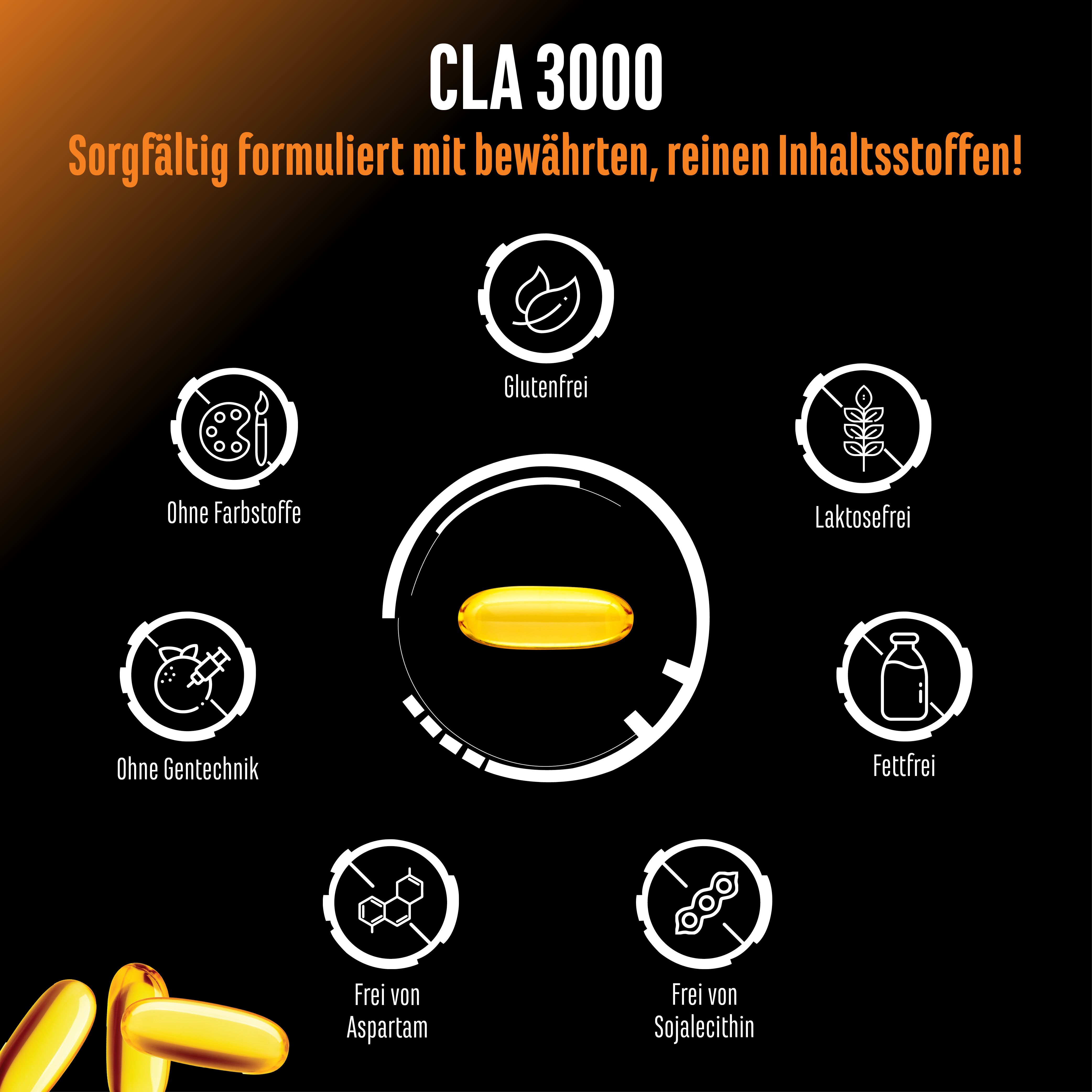 Grafik mit CLA 3000 Kapsel und Symbolen: glutenfrei, laktosefrei, fettfrei, ohne Gentechnik, ohne Farbstoffe, ohne Aspartam, ohne Sojalecithin.