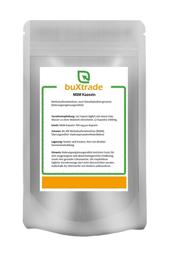 Beutel mit buXtrade MSM Kapseln. Aufdruck mit Produktname, Inhaltsstoffen und Verzehrempfehlung. Grün umrandetes Etikett.