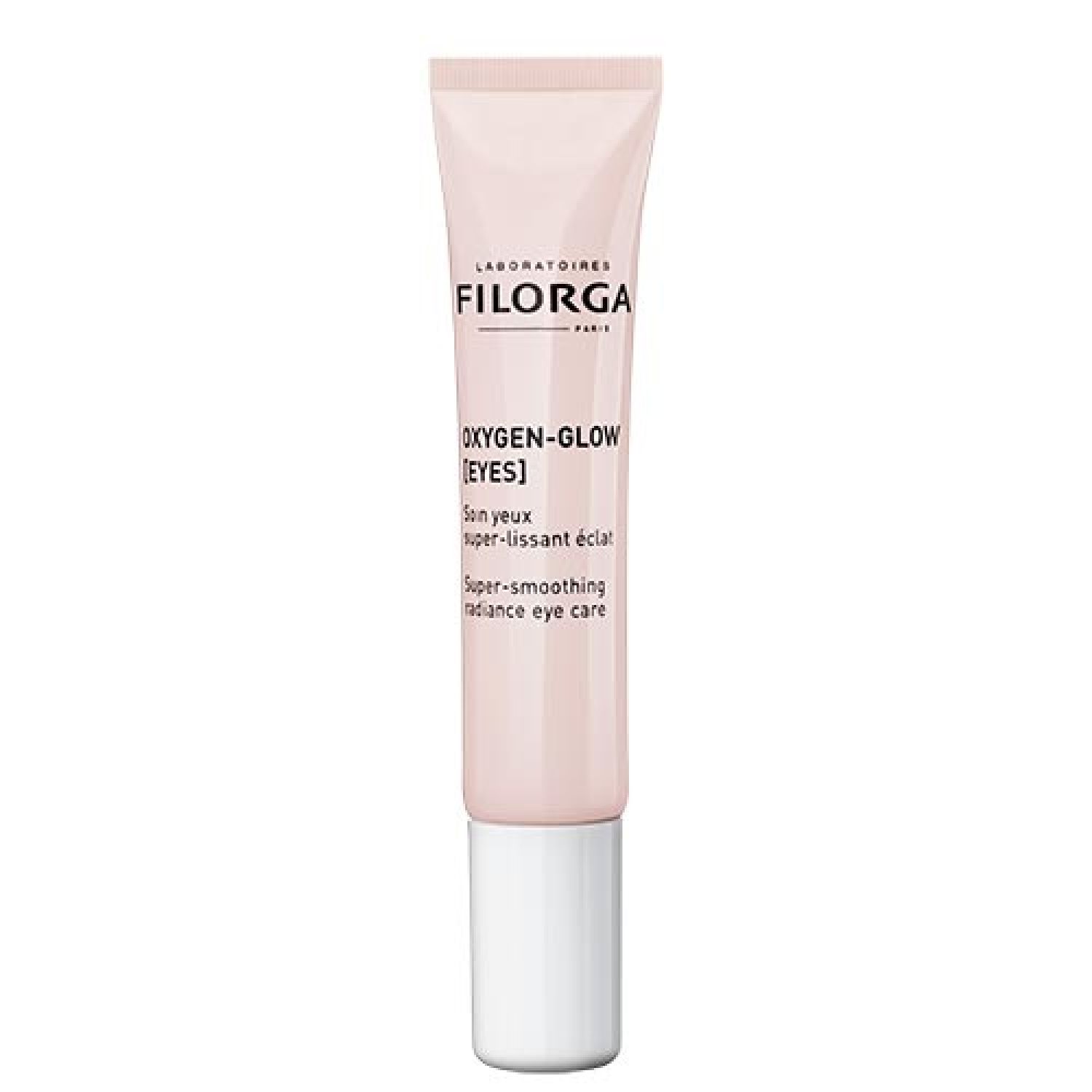 Rosa Tube mit weißem Verschluss. Aufschrift: FILORGA, Oxygen-Glow [EYES], Super-smoothing radiance eye care.