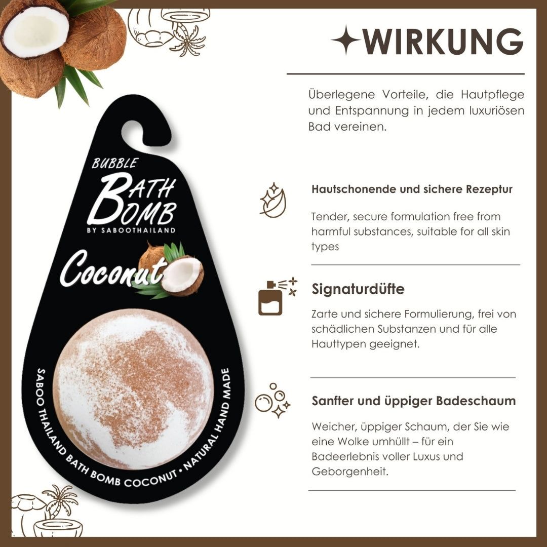 SABOO Schaumbad Bombe, Kokosnuss. Schwarzes Etikett mit Produktnamen und Logo. Text: Wirkung, Hautschonend, sanfter Badeschaum.