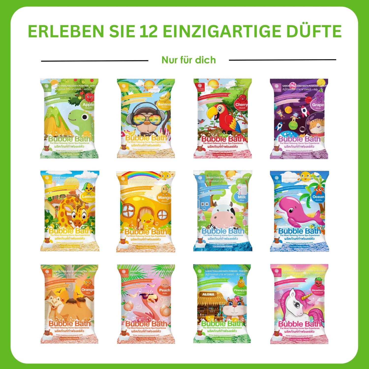 Verschiedene Düfte von SABOO Schaum Bad Pulver. 12 verschiedene Verpackungen mit unterschiedlichen Motiven. Nur für dich.