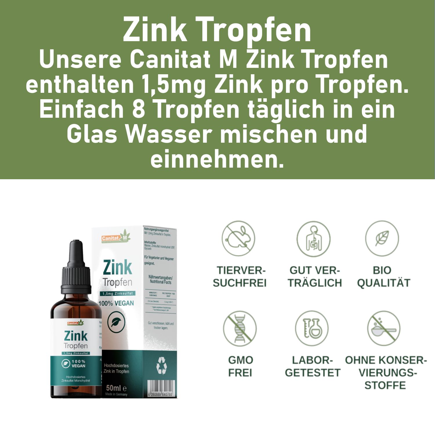 Text über Zink Tropfen. Enthält 1,5mg Zink pro Tropfen. Empfehlung: 8 Tropfen täglich in Wasser mischen. Abbildung: Flasche und Verpackung.