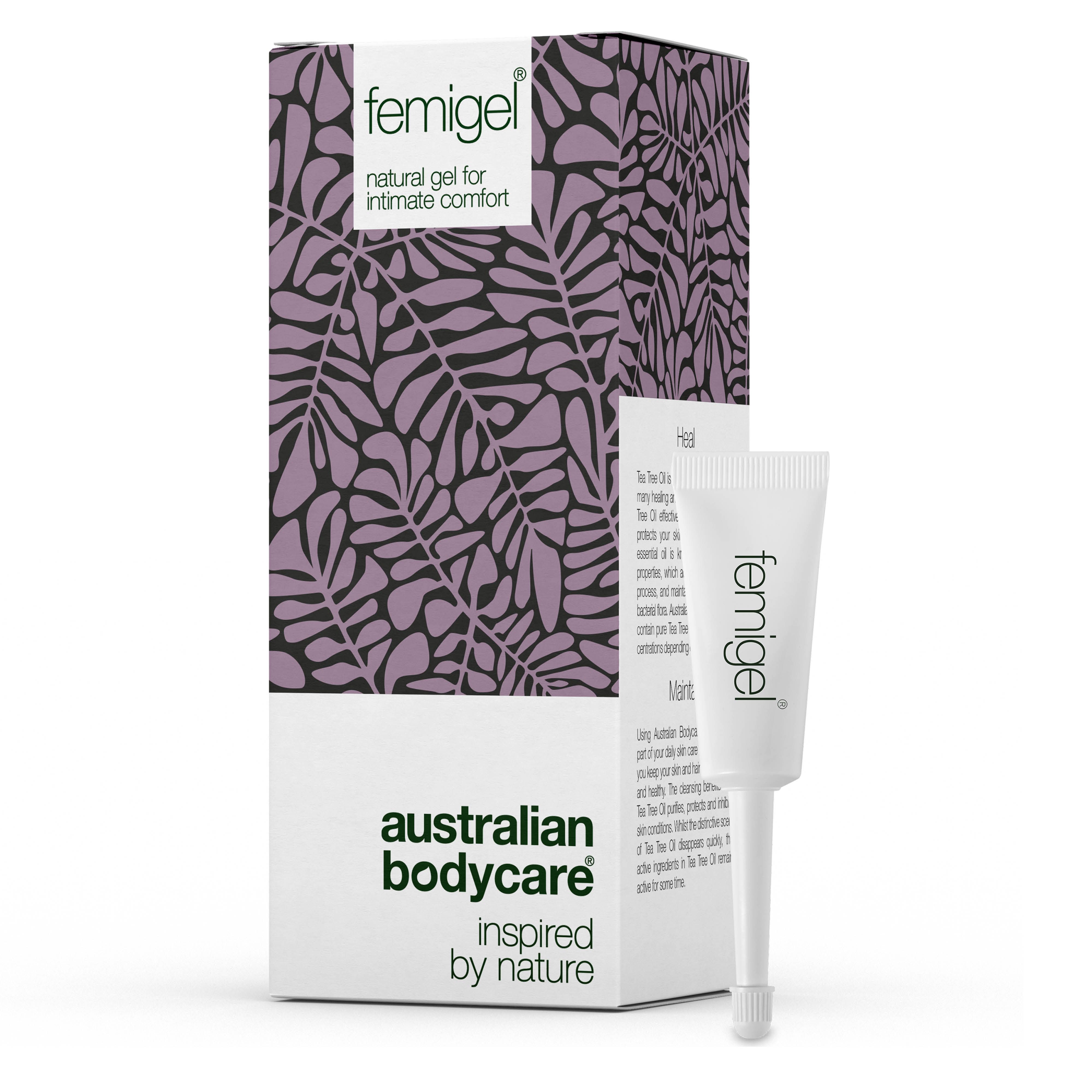 Weißes Femigel-Gel-Tübchen mit Applikator und Verpackung. Aufschrift: Femigel, Australian Bodycare.