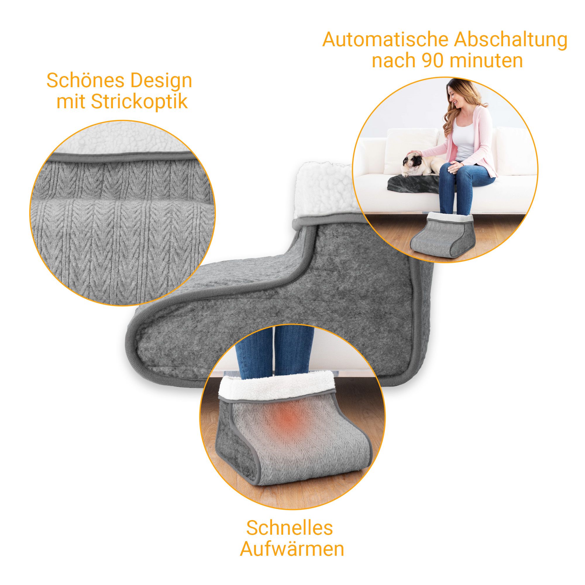 Fußwärmer mit Strickoptik, Massagefunktion und automatischer Abschaltung.