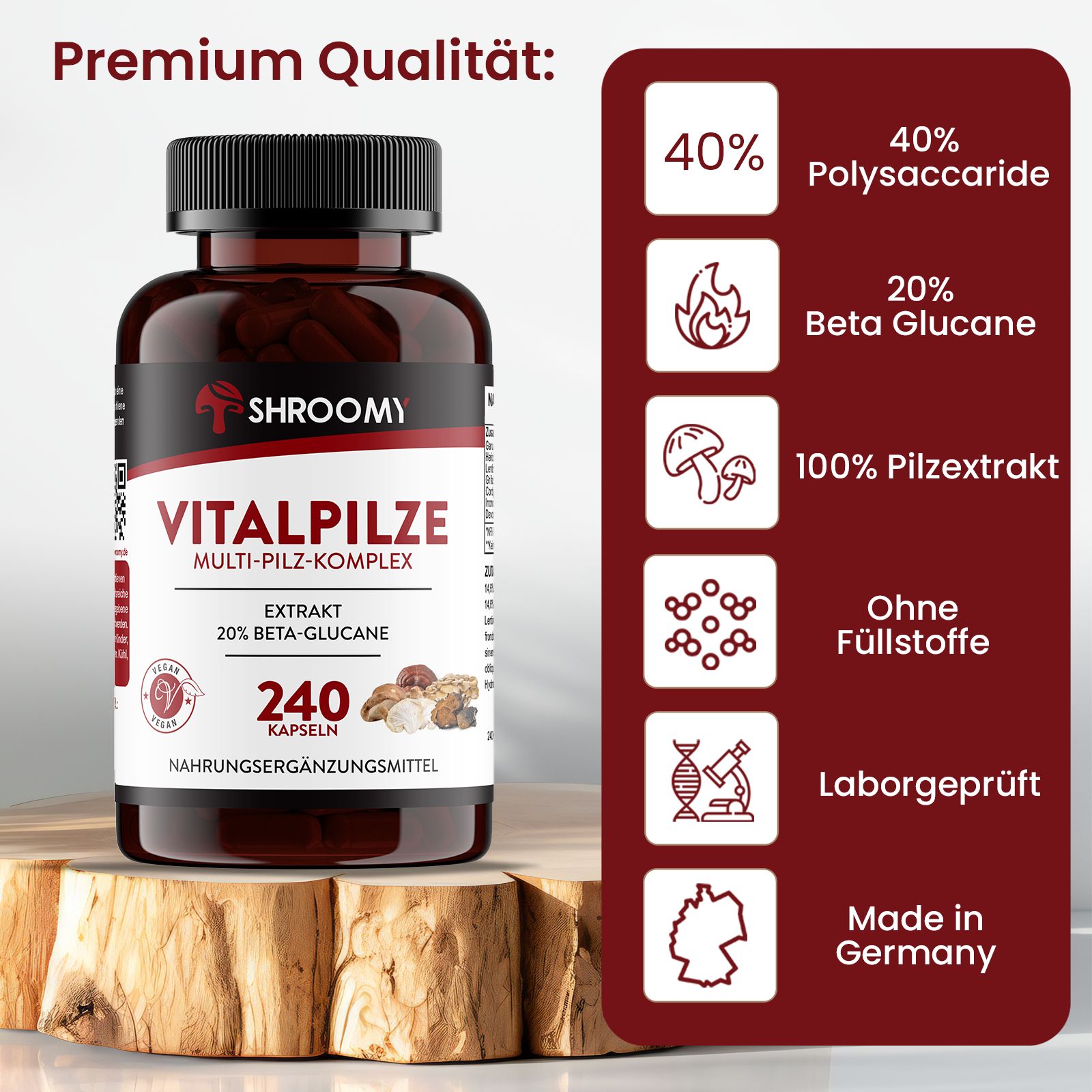 Braune Flasche mit schwarzen Deckel. Aufschrift: SHROOMY, VITALPILZE, Multi-Pilz-Komplex, Extrakt, 20% Beta-Glucane, 240 Kapseln. Zusätzliche Informationen.