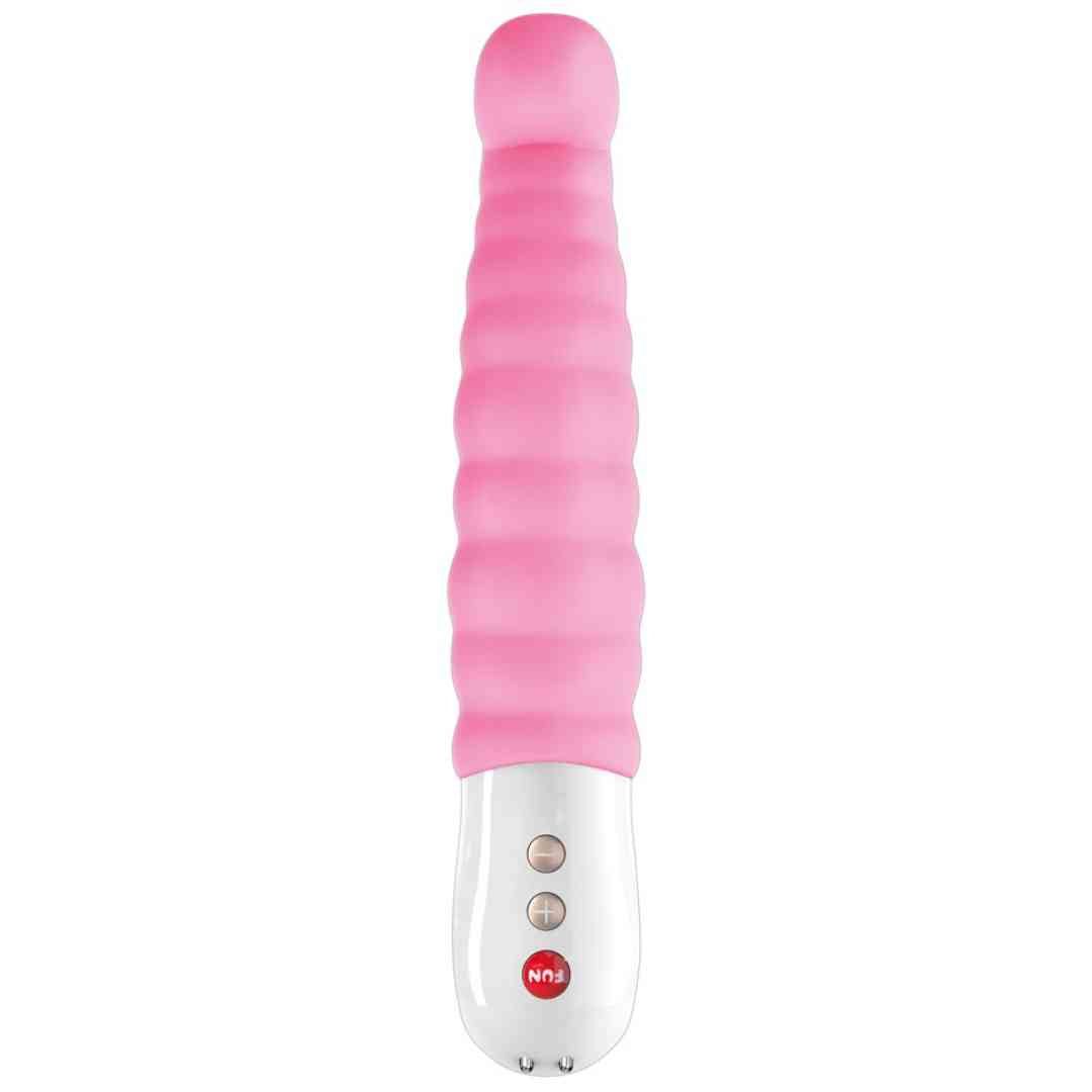 Rosa Vibrator mit geriffelter Oberfläche und abgerundeter Spitze. Weißer Griff mit Knöpfen und rotem "FUN"-Logo.