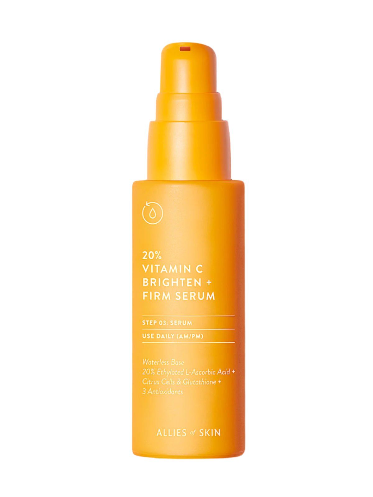 Gelbe Flasche mit Aufschrift 20% Vitamin C Brighten + Firm Serum. Mit Dosierspender. Marke: ALLIES OF SKIN.