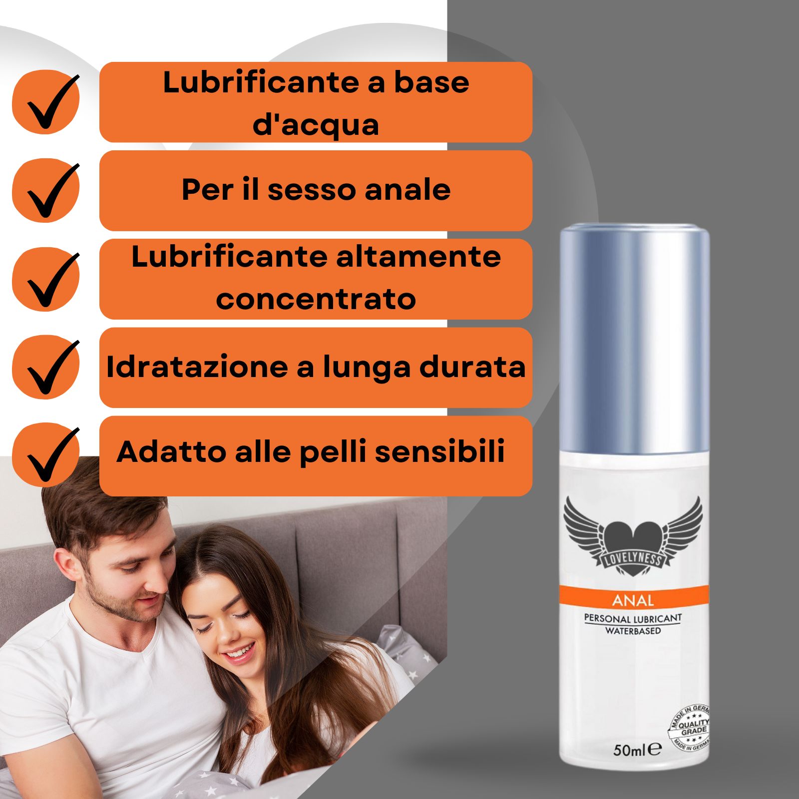 Gleitgel-Flasche mit Text: ANAL, Wasserbasis. Paar im Bett. Hintergrund: Haut.