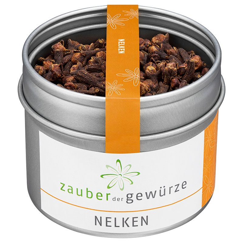 Zylindrische Dose mit Nelken. Orangefarbenes Etikett mit Schriftzug 'Nelken'. Aufkleber mit 'Zauber der Gewürze'.
