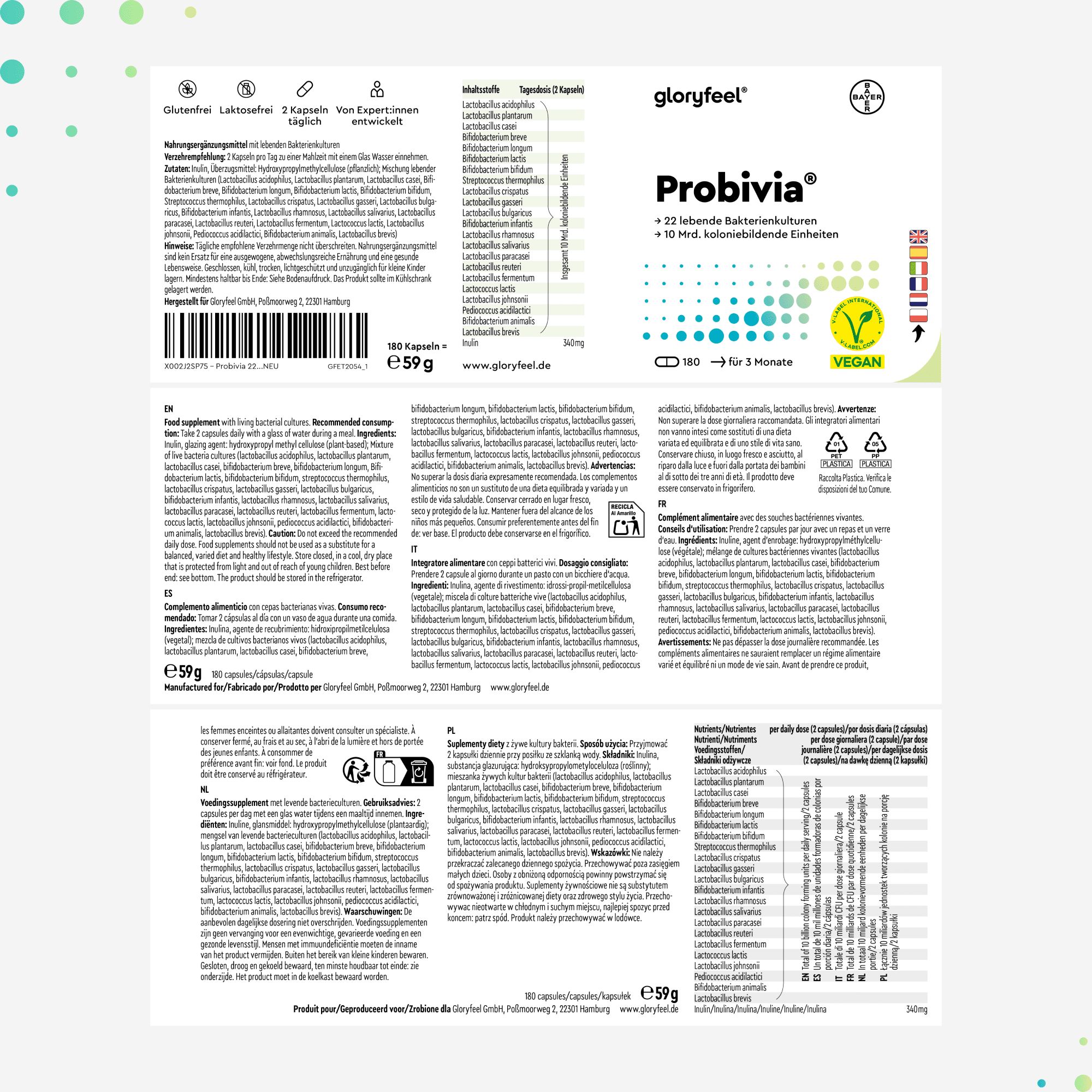 Nahaufnahme der Produktverpackung. Text: gloryfeel Probivia, +22 lebende Bakterienkulturen, Vegan-Siegel. Inhaltsstoffe, Nährwertangaben.