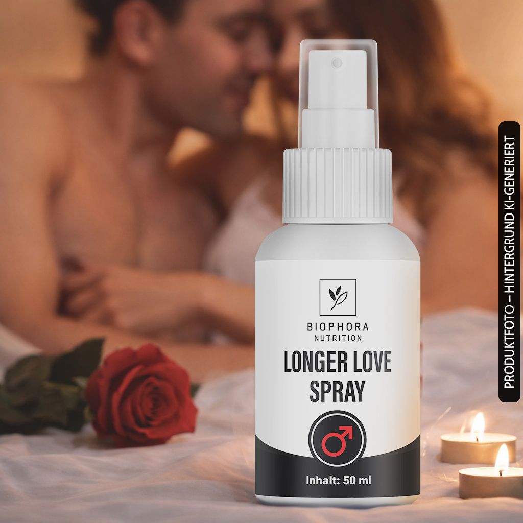 Ein Sprühflakon 'Longer Love Spray' steht vor einem unscharfen Paar, das sich umarmt. Eine rote Rose liegt daneben.