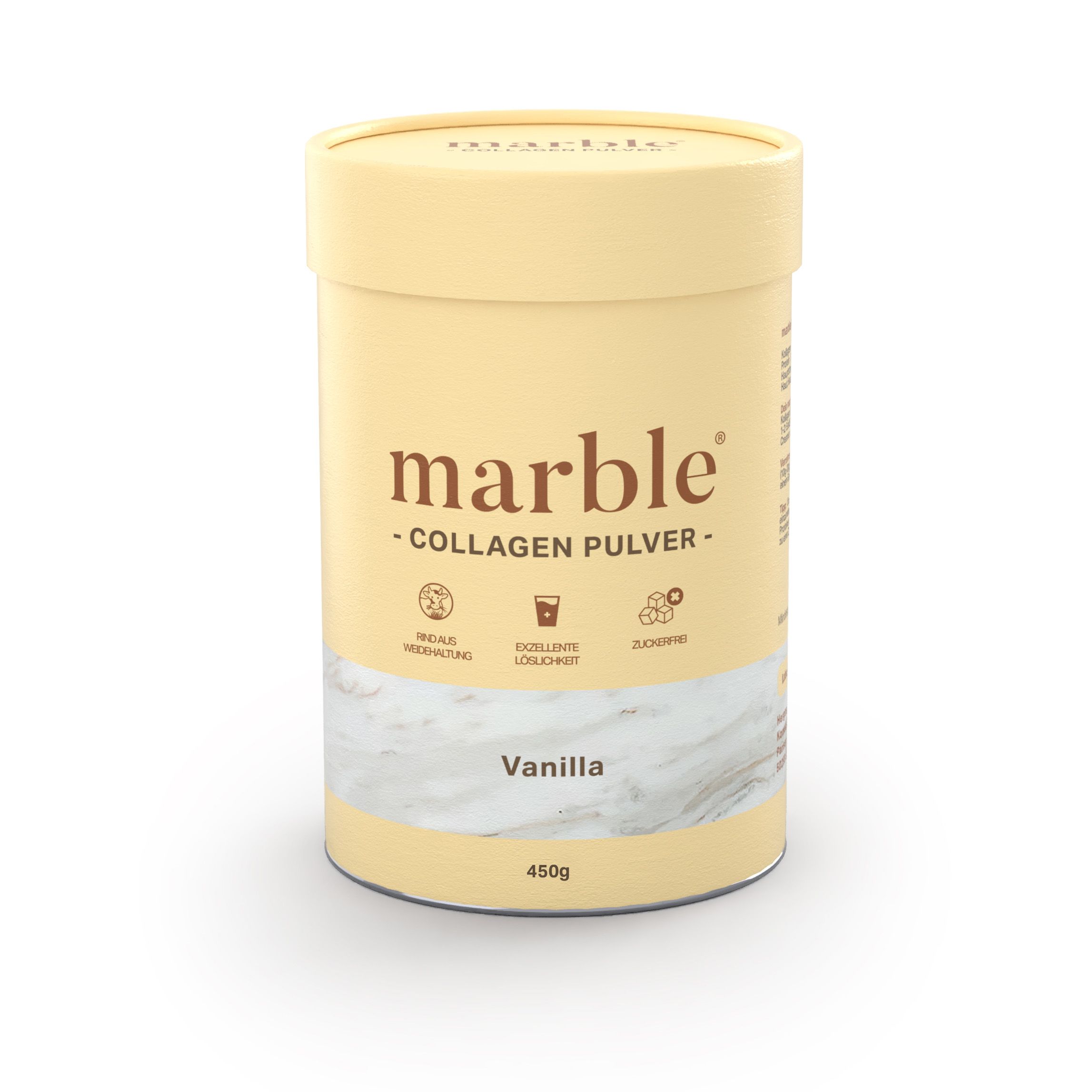 Beige Dose mit "marble"-Logo, "Collagen Pulver" und "Vanilla" Schriftzug. 450g. Symbole für Qualität.