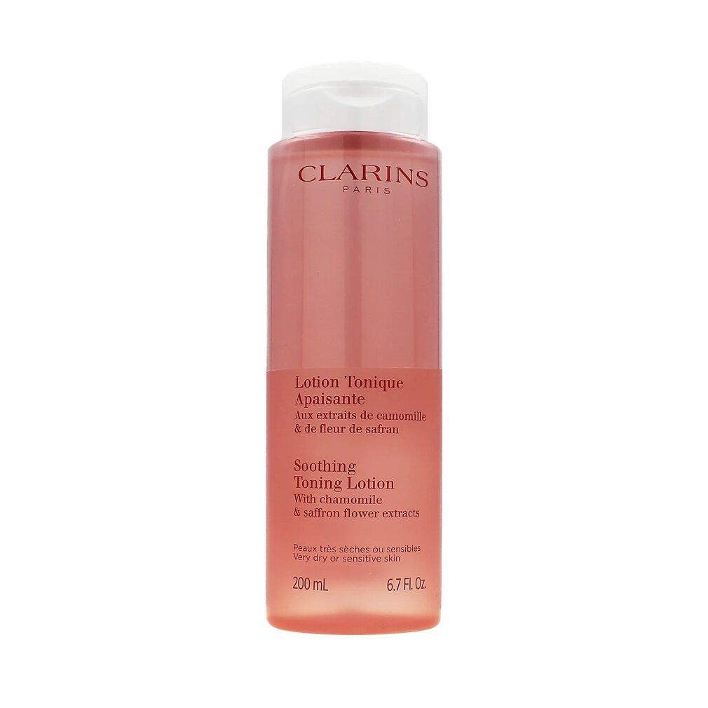 Rosa Flasche mit weißem Deckel. Beschriftung: Clarins Paris, Lotion Tonique Apaisante, 200 ml, 6.7 Fl Oz.