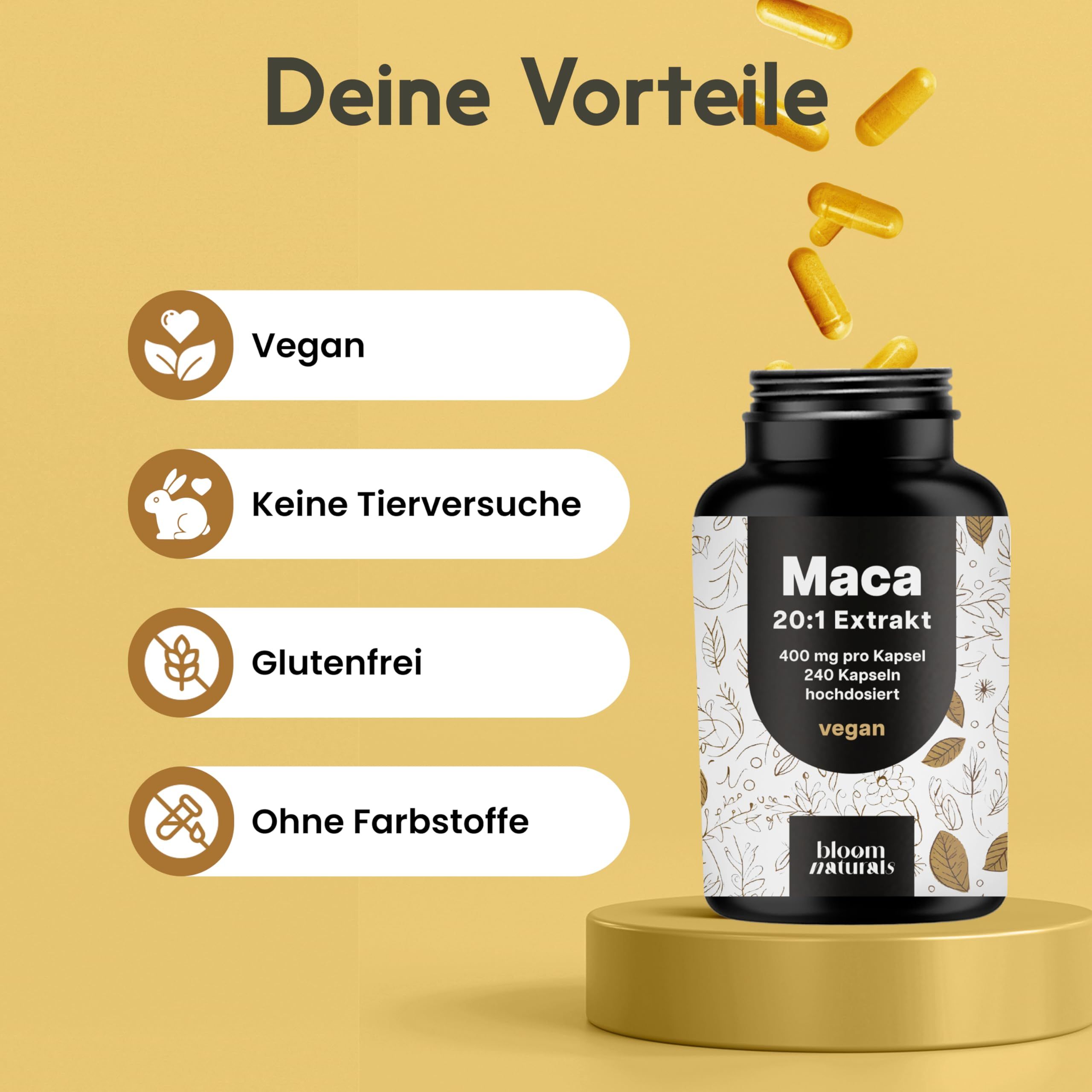 Eine Flasche mit Maca-Kapseln und Texten: Vegan, Keine Tierversuche, Glutenfrei, Ohne Farbstoffe.