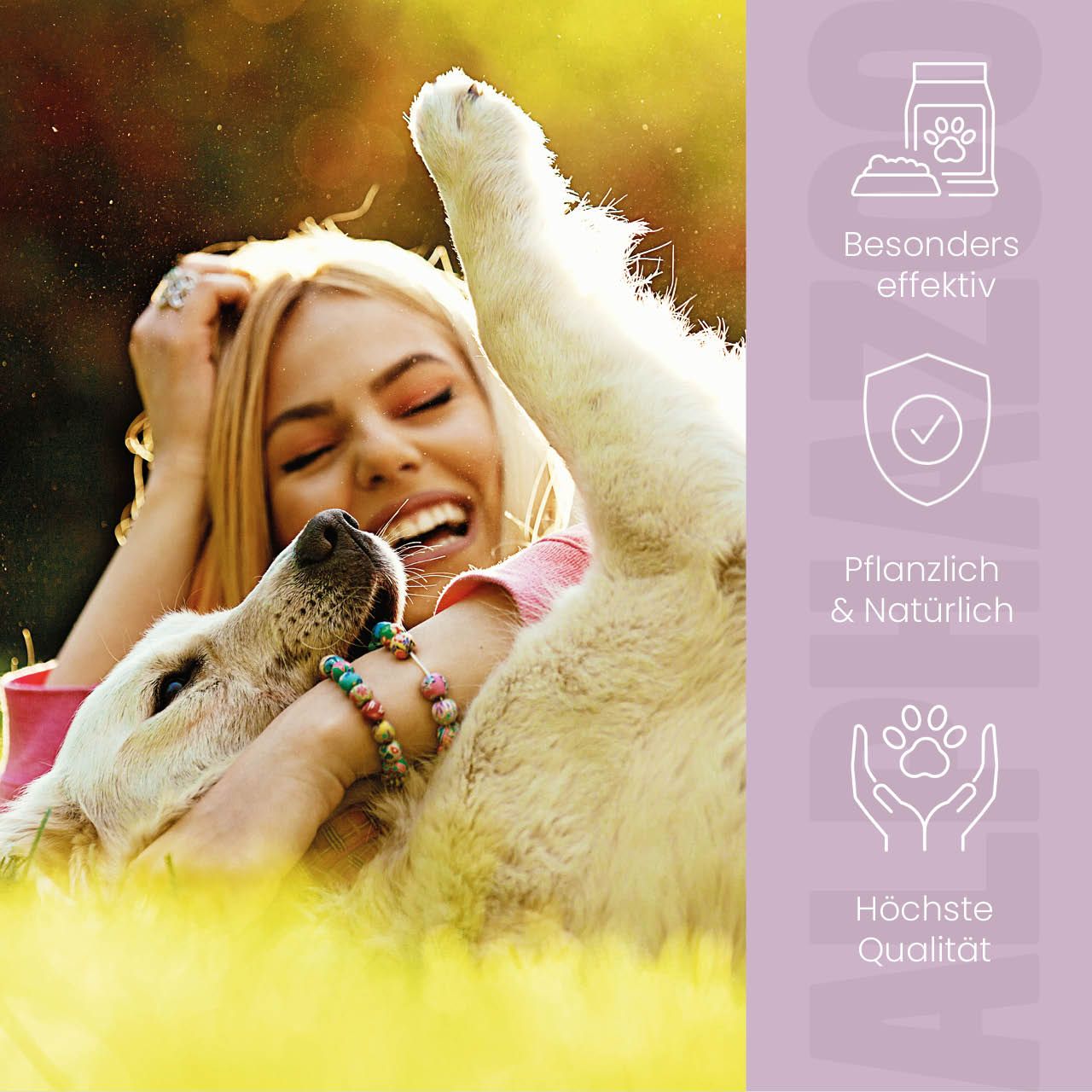 Frau umarmt Hund im Gras. Icons: Effektiv, pflanzlich, höchste Qualität. Text: Besonders effektiv, pflanzlich & natürlich, höchste Qualität.