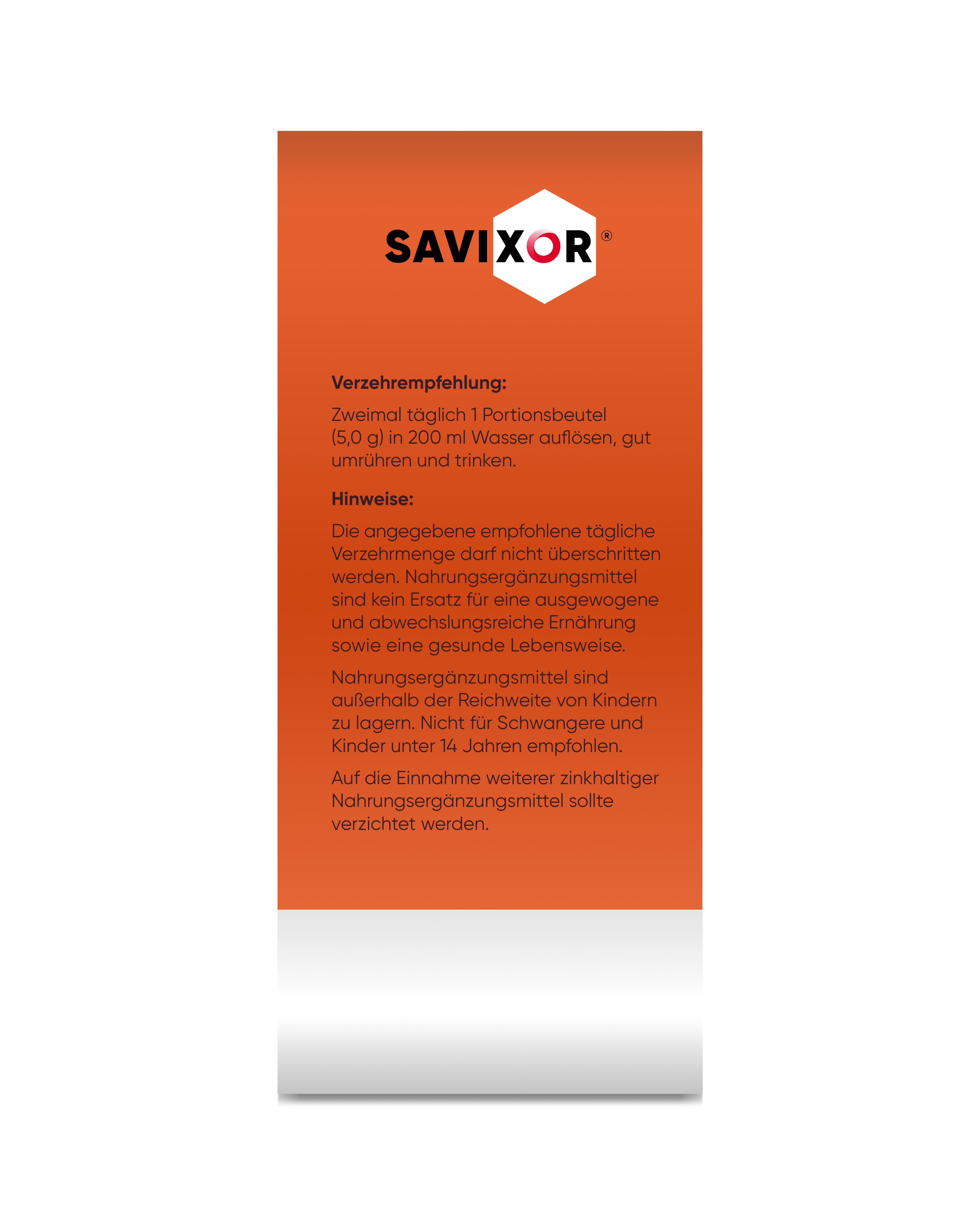 Produktverpackung mit Text. Enthält Verzehrempfehlung und Hinweise. Savixor-Logo oben. Orangefarbener Hintergrund.