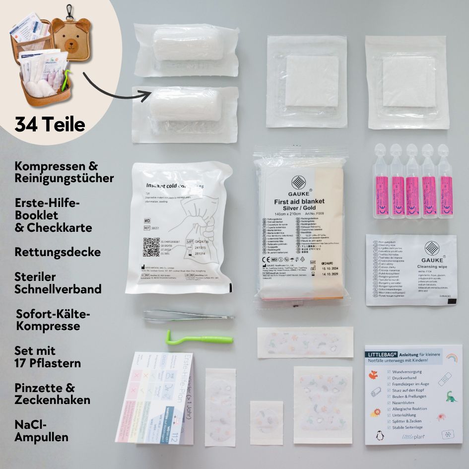 Erste-Hilfe-Tasche mit 34 Teilen, inklusive Kompressen, Pflaster, Pinzette und Rettungsdecke.