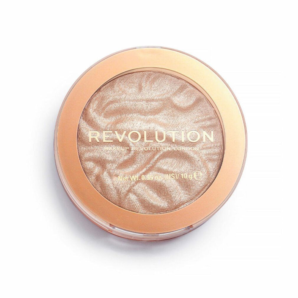 Runder Highlighter in goldfarbener Verpackung. Auf der Oberfläche steht "REVOLUTION". Gewicht: 10 g.