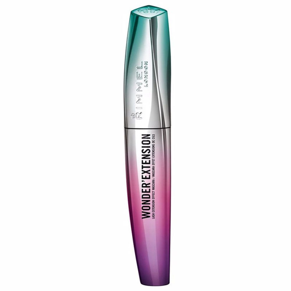 Rimmel London Wonder'Extension Mascara. Farbverlauf von Grün zu Lila. Silberne Mitte mit Schriftzug.