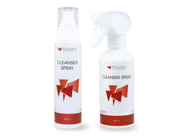 Zwei weiße Sprühflaschen. Aufschrift: Maxani, Cleanser Spray. Rote geometrische Grafik. Eine Flasche mit Sprühkopf, eine mit Pumpkopf.
